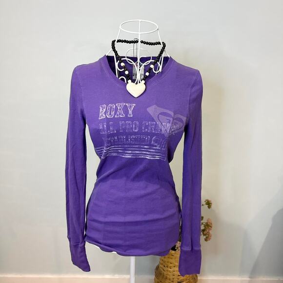 Cute vintage y2k Roxy Purple tight Henley long sleeve top - Picture 1 of 7